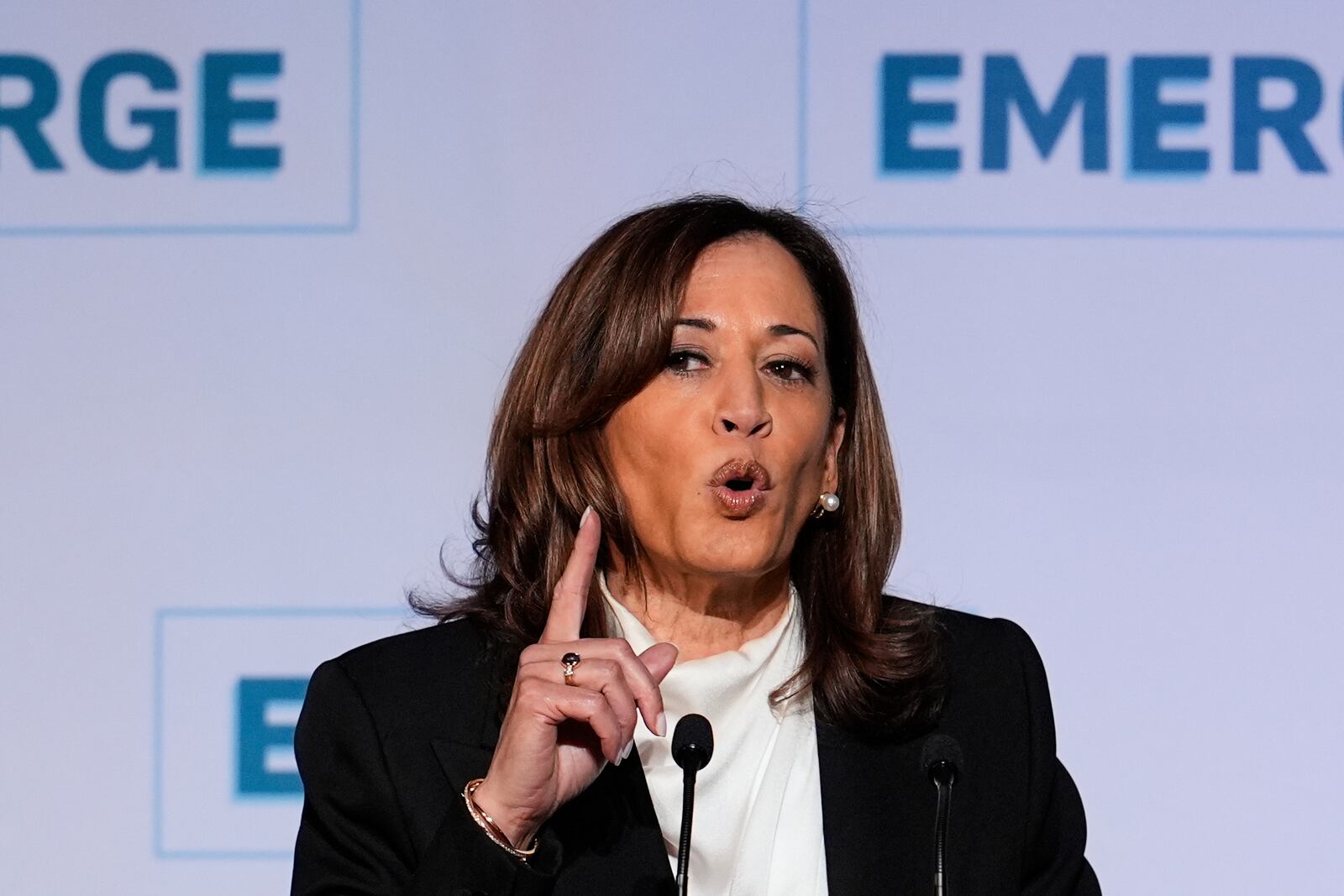 Former Vice President Kamala Harris delivers the keynote speech at the Emerge 20th Anniversary Gala in San Francisco, Wednesday, April 30, 2025. (AP Photo/Godofredo A. Vásquez)
