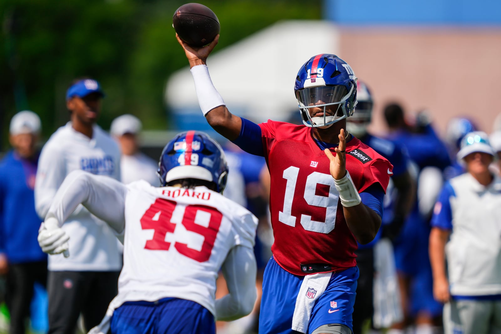 New York Giants quarterback Jameis Winston (19) throws during practice at the team's NFL football training camp in East Rutherford, N.J., Wednesday, July 23, 2025. (AP Photo/Yuki Iwamura)