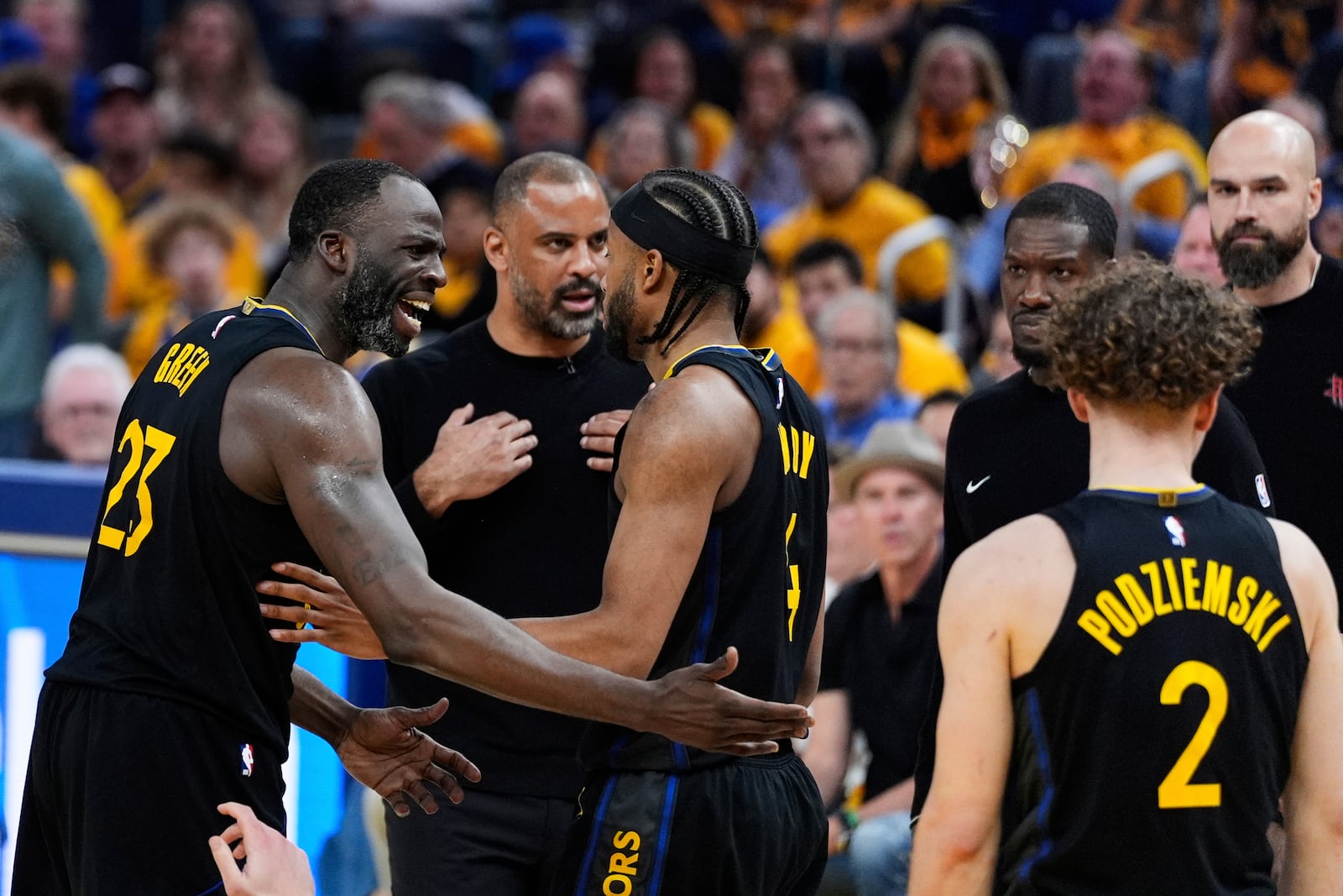 Golden State Warriors forward Draymond Green (23) reacts during the second half of Game 6 of an NBA basketball first-round playoff series against the Houston Rockets, Friday, May 2, 2025, in San Francisco. (AP Photo/Godofredo A. Vásquez)