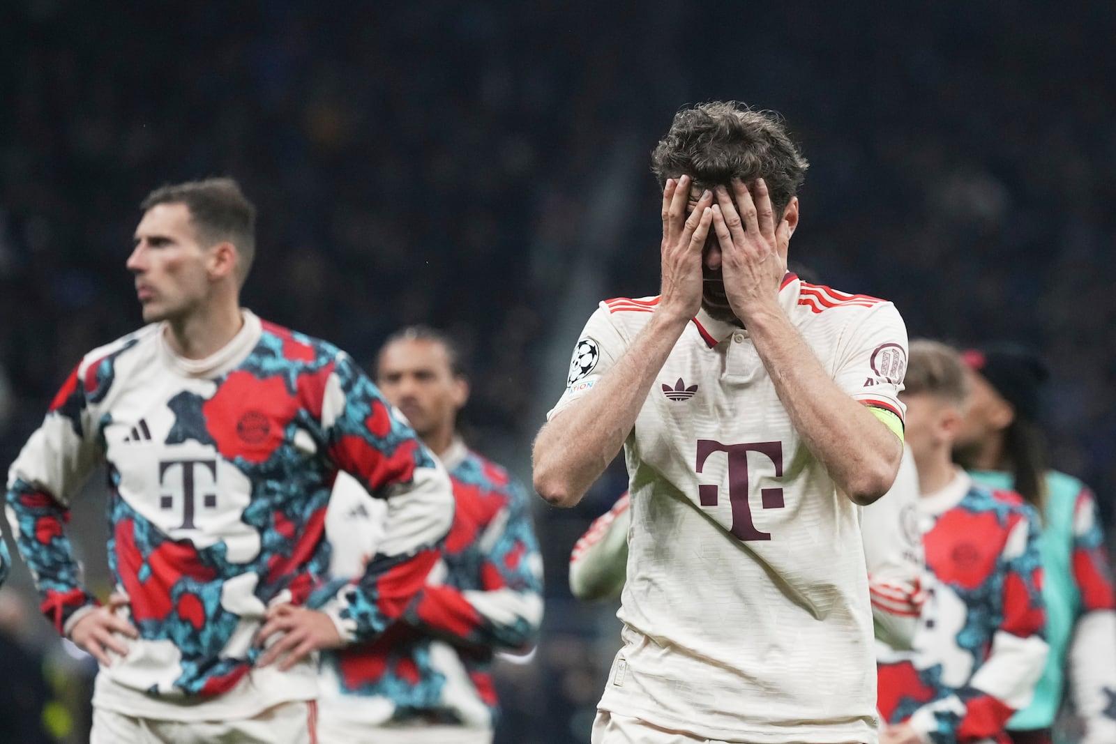 Bayern's Thomas Mueller reacts at the end of the Champions League quarterfinal second leg soccer match between Inter Milan and Bayern Munich at the San Siro stadium in Milan, Italy, Wednesday, April 16, 2025. (AP Photo/Antonio Calanni)