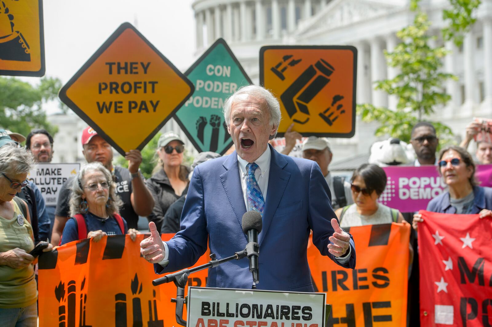 Sen. Ed Markey, D-Mass., speaks during a news conference regarding the pending passage of the One Big Beautiful Bill Act at the Capitol, Tuesday, June 3, 2025, in Washington. (AP Photo/Rod Lamkey, Jr.)