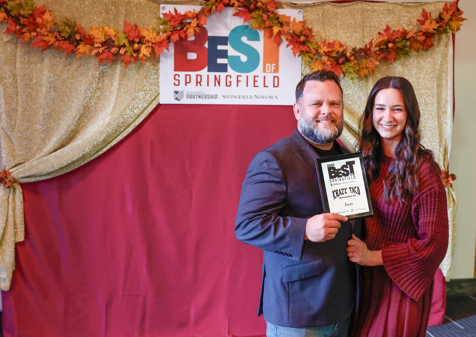 Krazy Taco 937 owner Steve Levitt celebrates with his wife Crissy Levitt after being recognized during the Best of Springfield Awards Thursday, Oct. 9, 2025 in the Hollenbeck Bayley Center. JOSEPH COOKE/STAFF