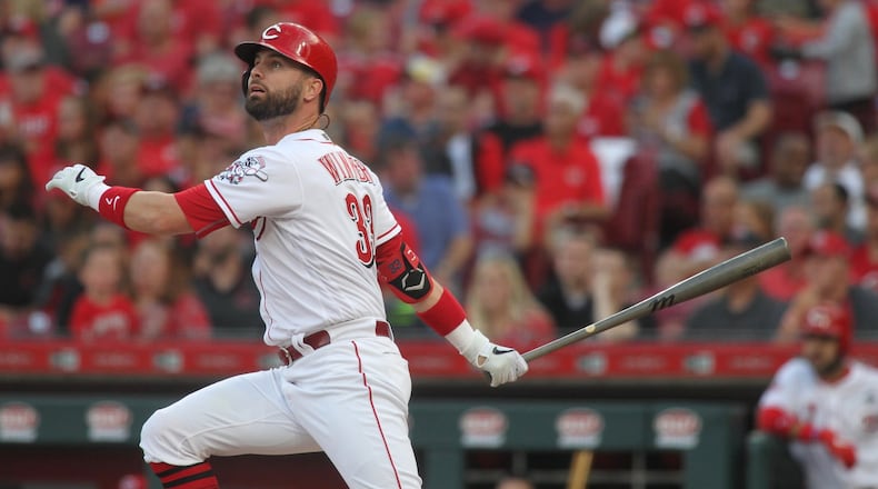 The Reds’ Jessie Winker hits a lead-off home run in the first inning against the Astros on Tuesday, June 18, 2019, at Great American Ball Park in Cincinnati. David Jablonski/Staff