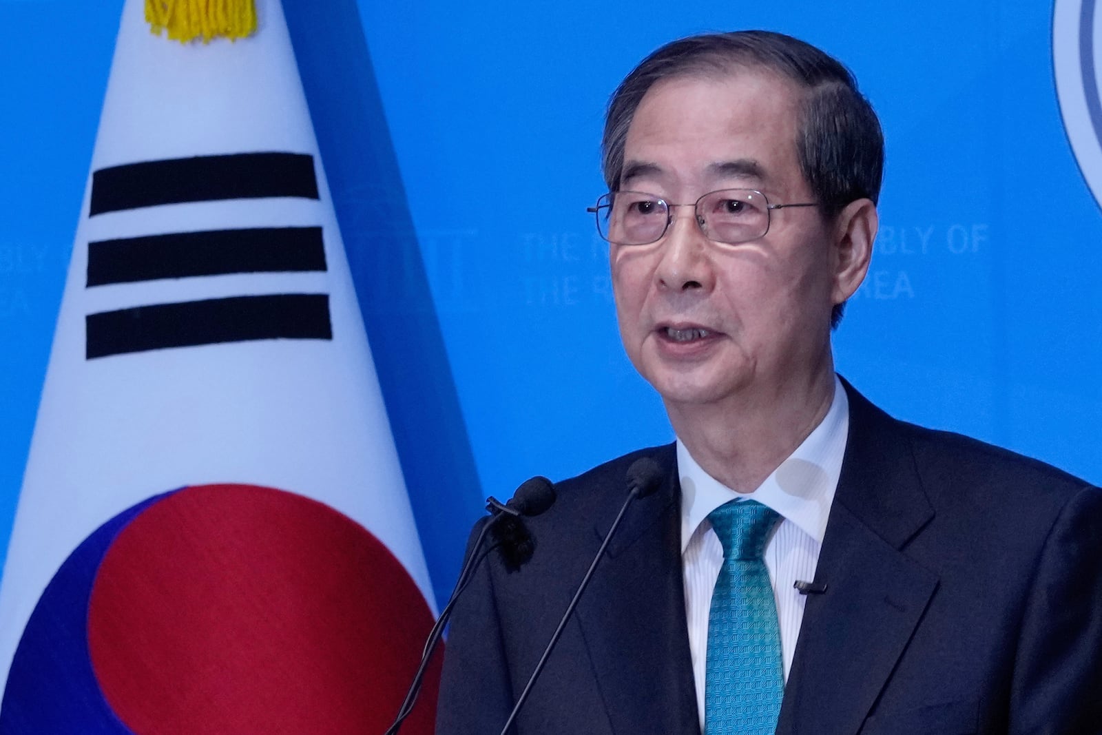 South Korean former Prime Minister Han Duck-soo speaks during a press conference to announce a presidential bid at the National Assembly in Seoul, South Korea, Friday, May 2, 2025. (AP Photo/Ahn Young-joon)