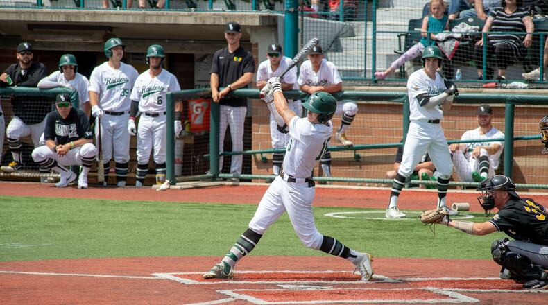 Wright State’s Seth Gray takes a cut during a Horizon League tournament game last month vs. Northern Kentucky. CONTRIBUTED