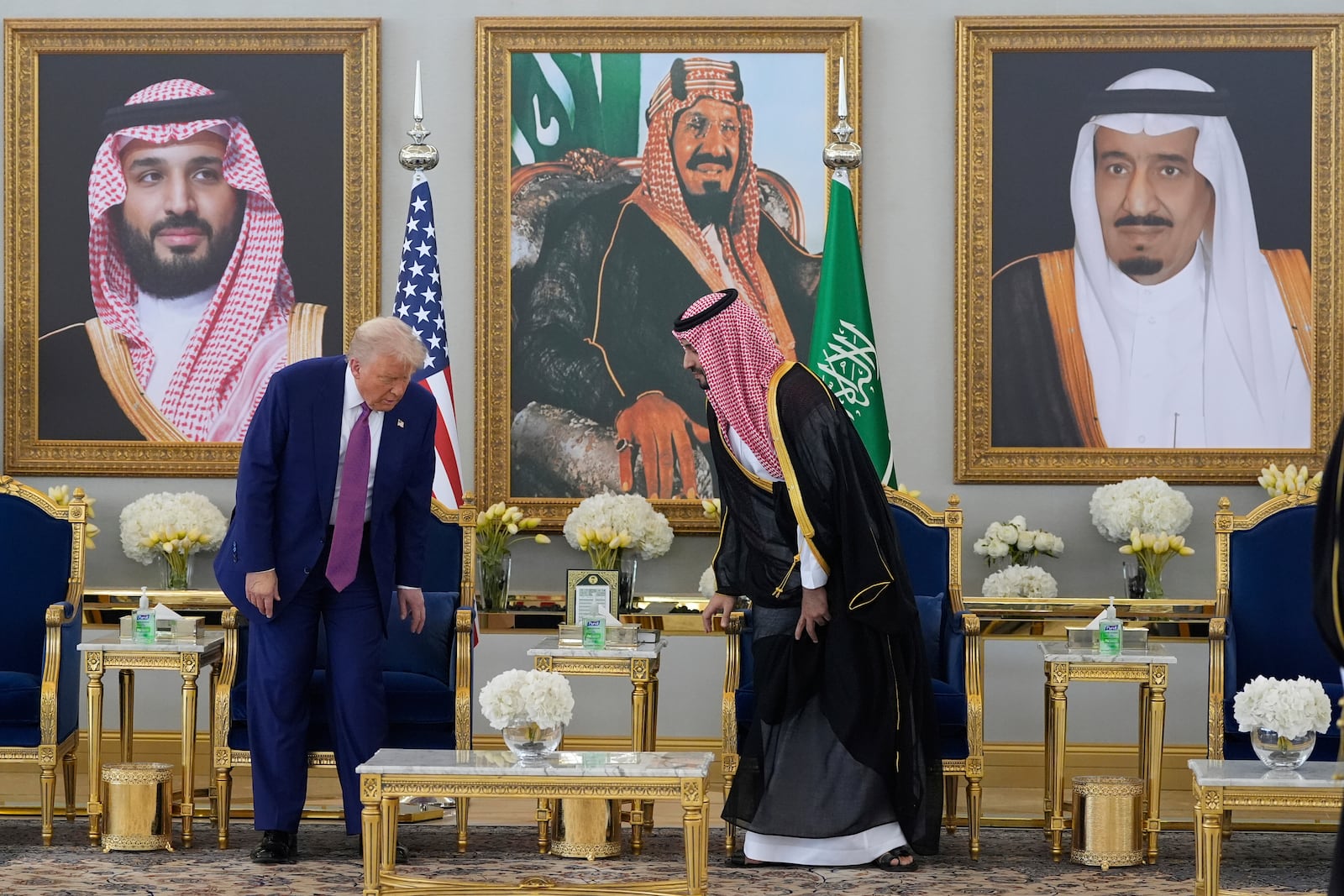 President Donald Trump arrives with Saudi Crown Prince Mohammed bin Salman for a coffee ceremony at the Royal Terminal of King Khalid International Airport in Riyadh, Saudi Arabia, Tuesday, May 13, 2025. (AP Photo/Alex Brandon)