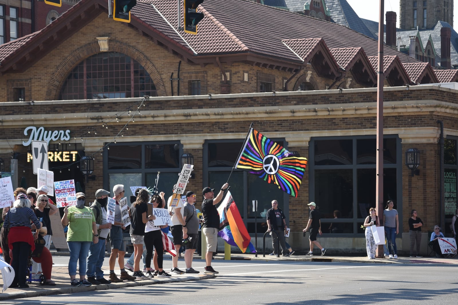 Local community members gathered for another "No Kings" rally in downtown Springfield on Saturday, Oct. 18, 2025. People protesting President Donald Trump and the federal government can be seen outside of the Myers Market in downtown Springfield. CONTRIBUTED