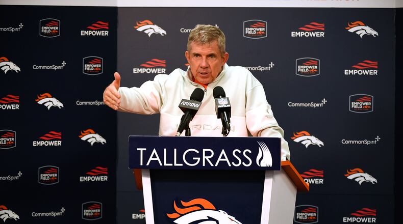 Denver Broncos head coach Sean Payton responds to a question during a news conference after an NFL football game, Sunday, Jan. 4, 2026, in Denver. (AP Photo/Eric Lutzens)
