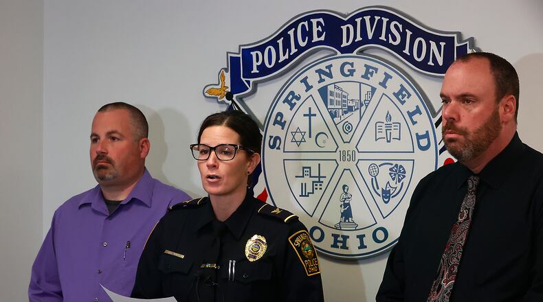 Springfield Police Chief Allison Elliott along with Lt. Jeff Williams, left, and Sgt. James Byron answer questions during a press conference Friday, Jan. 6, 2023. BILL LACKEY/STAFF
