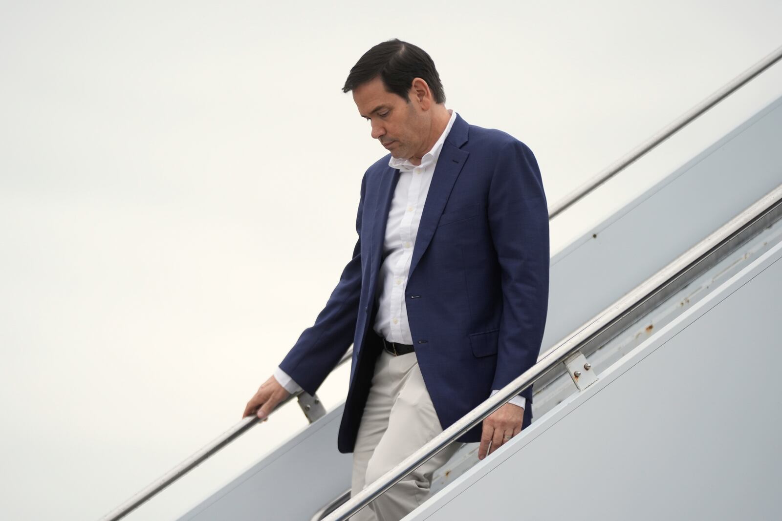 Secretary of State Marco Rubio arrives on Air Force One at Hagerstown Regional Airport, in Hagerstown, Md., on his was to Camp David, Md., Sunday, June 8, 2025. (AP Photo/Manuel Balce Ceneta)