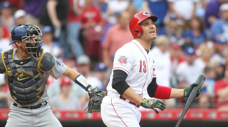 The Reds' Joey Votto reacts after striking out against the Dodgers on Friday, May 17, 2019, at Great American Ball Park in Cincinnati. David Jablonski/Staff