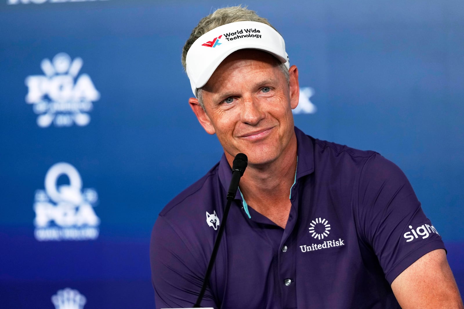 Luke Donald, of England, speaks during a news conference at the PGA Championship golf tournament at the Quail Hollow Club, Wednesday, May 14, 2025, in Charlotte, N.C. (AP Photo/Matt York)