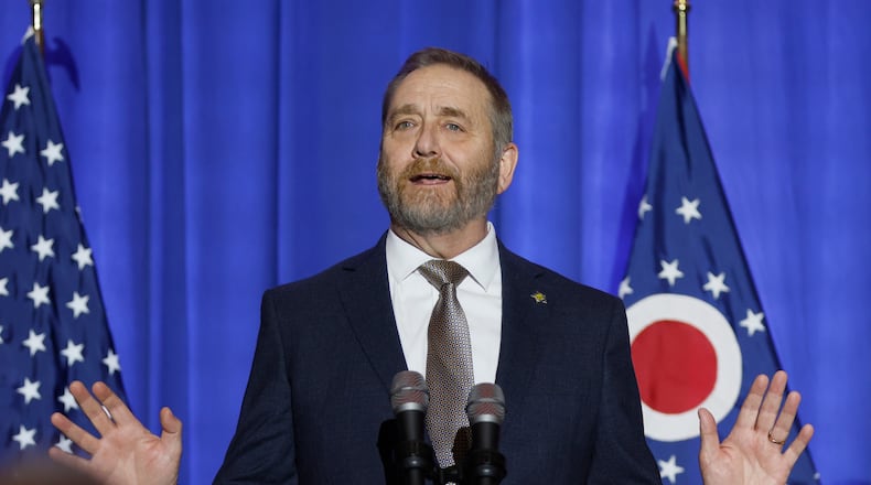 FILE - Republican Ohio Attorney General Dave Yost speaks during an election night watch party on Nov. 8, 2022, in Columbus, Ohio. In an interview with the Associated Press Wednesday, Dec. 14, Yost says he laments suffering he caused by suggesting in a nationally-televised interview that a 10-year-old rape victim from Ohio who had sought an abortion in Indiana might have been a fabrication. (AP Photo/Jay LaPrete, File)