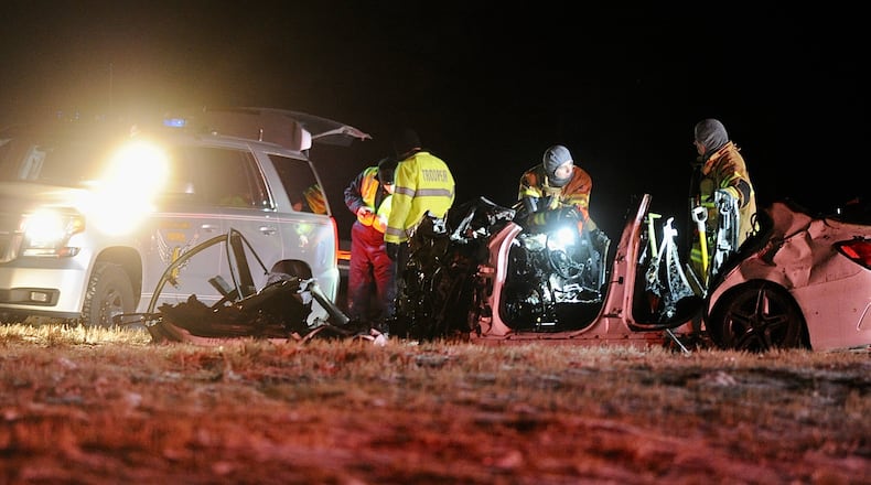 Four people died as the result of a two-vehicle crash in Clark County late Saturday, March 12, 2022. MARSHALL GORBY/STAFF