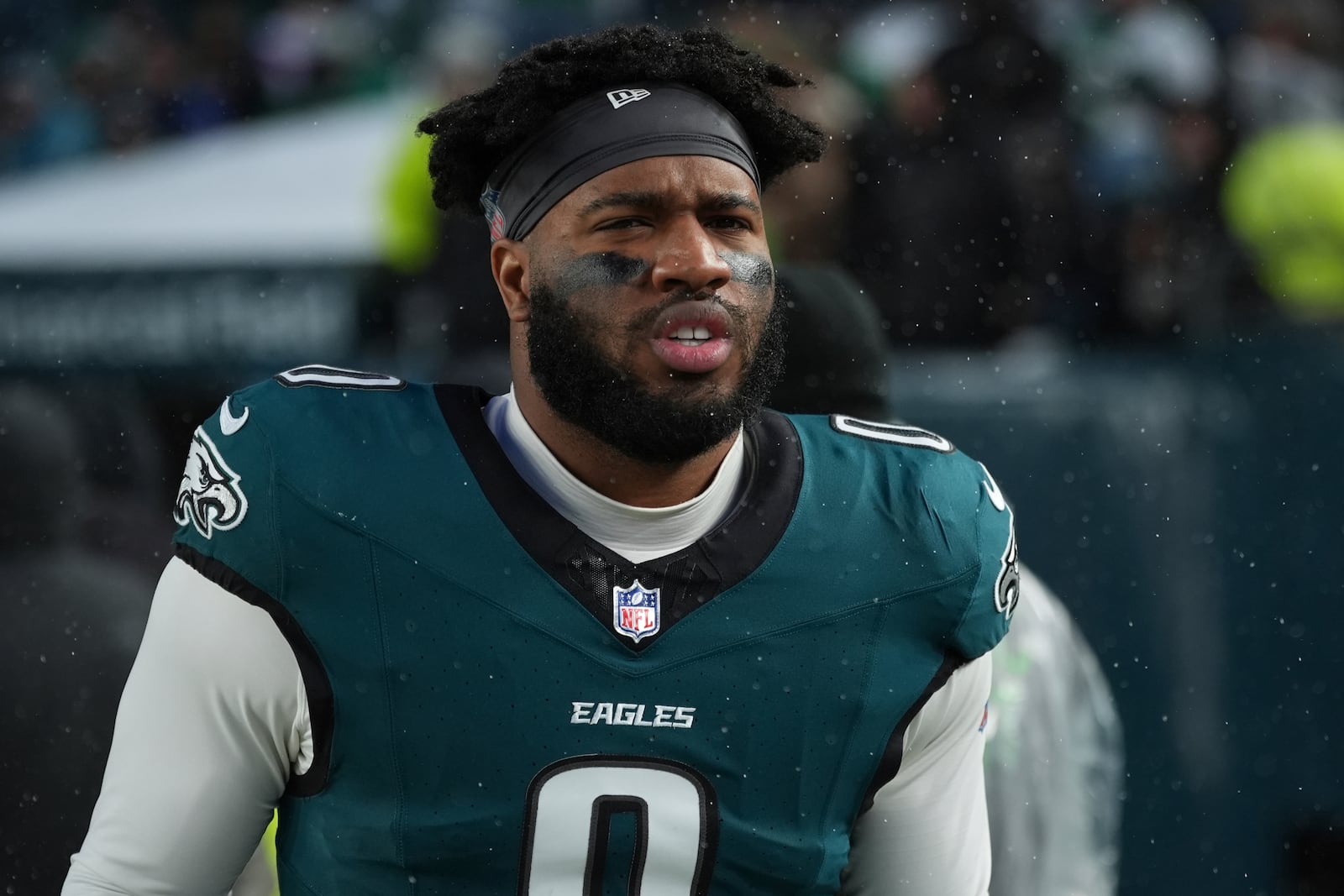 FILE - Philadelphia Eagles' Bryce Huff walks to the field during an NFL football NFC divisional playoff game between the Philadelphia Eagles and the Los Angeles, Rams Sunday, Jan. 19, 2025, in Philadelphia. (AP Photo/Matt Slocum, File)