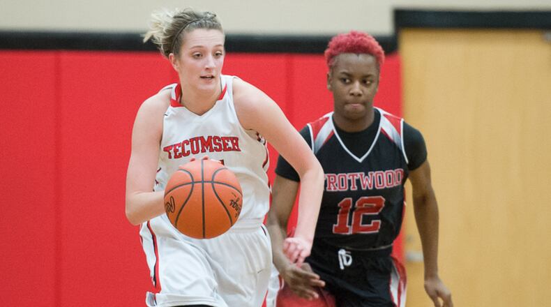 Tecumseh sophomore guard Presley Griffitts dribbles by Trotwood’s Nai Myers during a nonconference game on Monday night at Reynolds Gymnasium. Contributed Photo by Bryant Billing