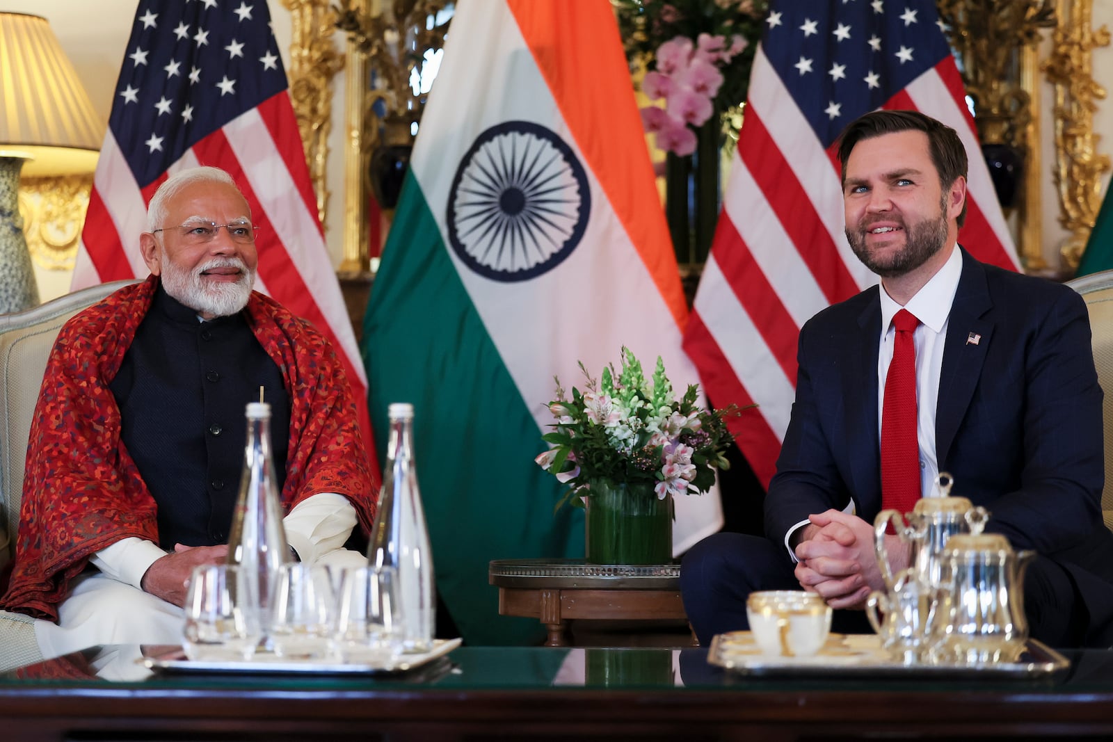 U.S. Vice President JD Vance, right, and Indian Prime Minister Narendra Modi attend a bilateral meeting at the residence of the U.S. Ambassador on the sidelines of the Artificial Intelligence Action Summit in Paris, Feb. 11, 2025. (Leah Millis/Pool Photo via AP, File)