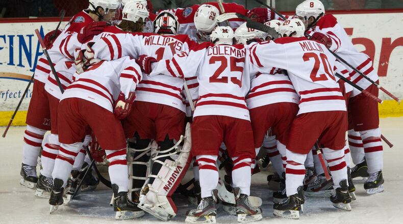 The Miami Redhawks defeat the Bowling Green Falcons 3-1, Saturday, January 26, 2013, at the Steve Cady Ice Arena.