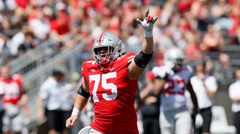 Ohio State offensive lineman Carson Hinzman celebrates a touchdown during their NCAA college football Spring game Saturday, April 15, 2023, in Columbus, Ohio. (AP Photo/Jay LaPrete)