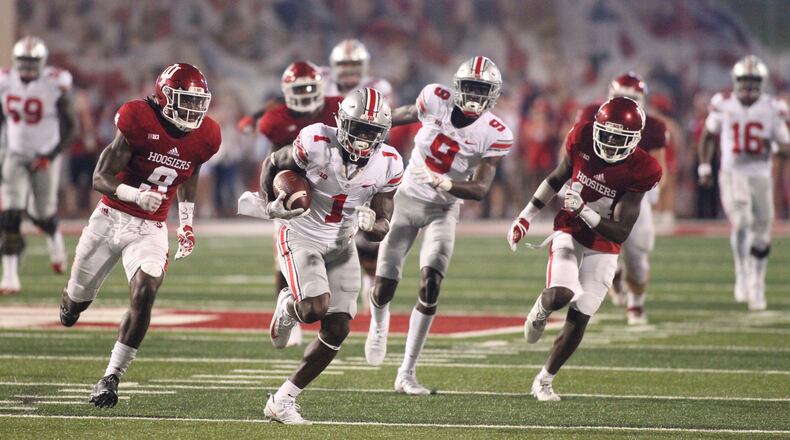 Ohio State's Johnnie Dixon scores a touchdown against Indiana on Thursday, Aug. 31, 2017, at Memorial Stadium in Bloomington, Ind.