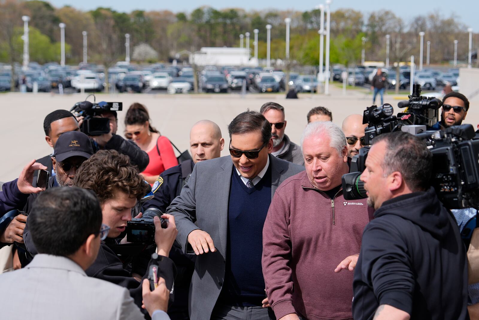 Former U.S. Rep. George Santos arrives at federal court for sentencing, Friday, April 25, 2025, in Central Islip, N.Y. (AP Photo/Julia Demaree Nikhinson)