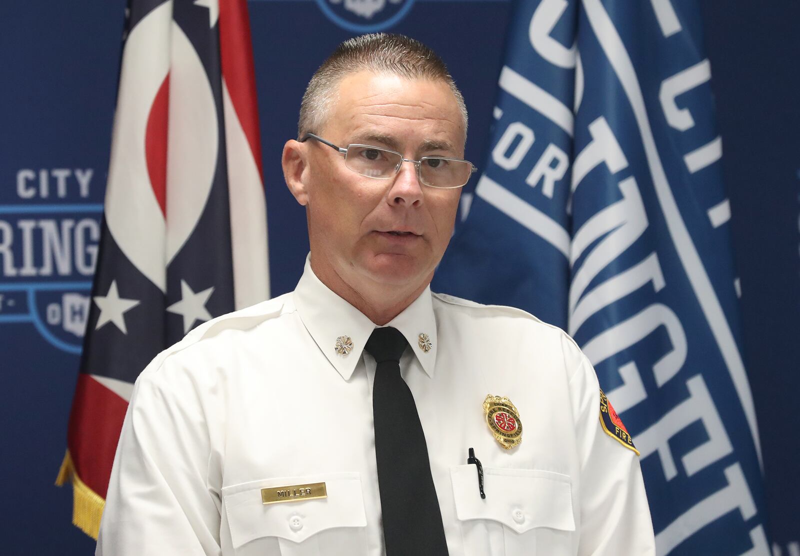 Springfield Fire Chief Brian Miller gives an update Monday, Sept. 26, 2022 on the condition of the fire fighters injured Sunday in a residential fire on Rice Street. BILL LACKEY/STAFF