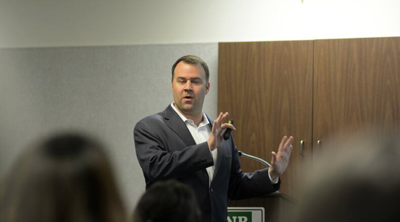 Ohio Democratic Party Chairman David Pepper talks on Tuesday night with the Butler County Progressives PAC about what needs to happen in 2018 for the party to win statewide and in congressional mid-term elections in uptown Oxford.
