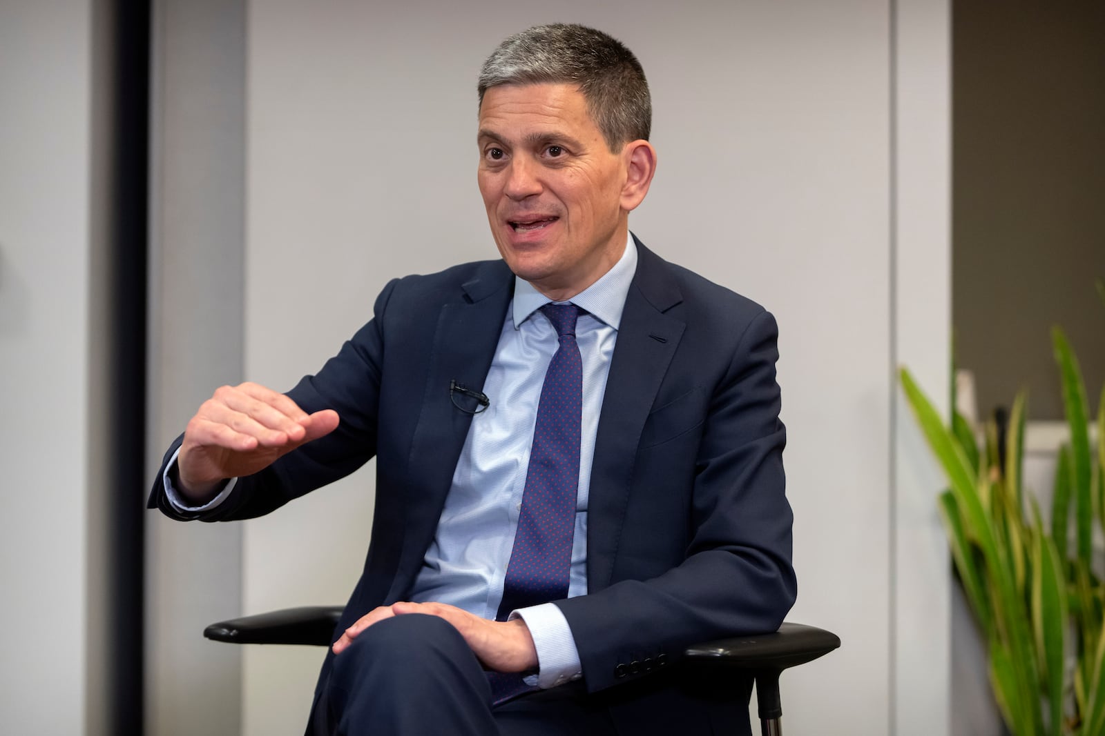 David Miliband, president and CEO of the International Rescue Committee, speaks during an interview with the Associated Press, Thursday, May 8, 2025, in Washington. (AP Photo/Mark Schiefelbein)