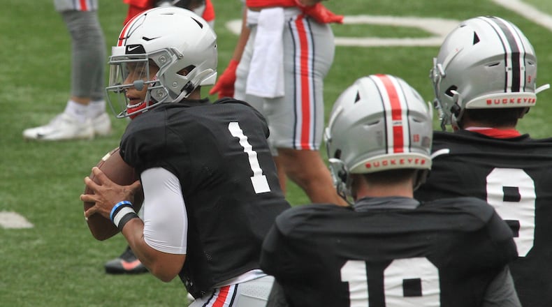 Ohio State's Justin Fields practices at Ohio Stadium on Saturday, Oct. 3, 2020, in Columbus. David Jablonski/Staff
