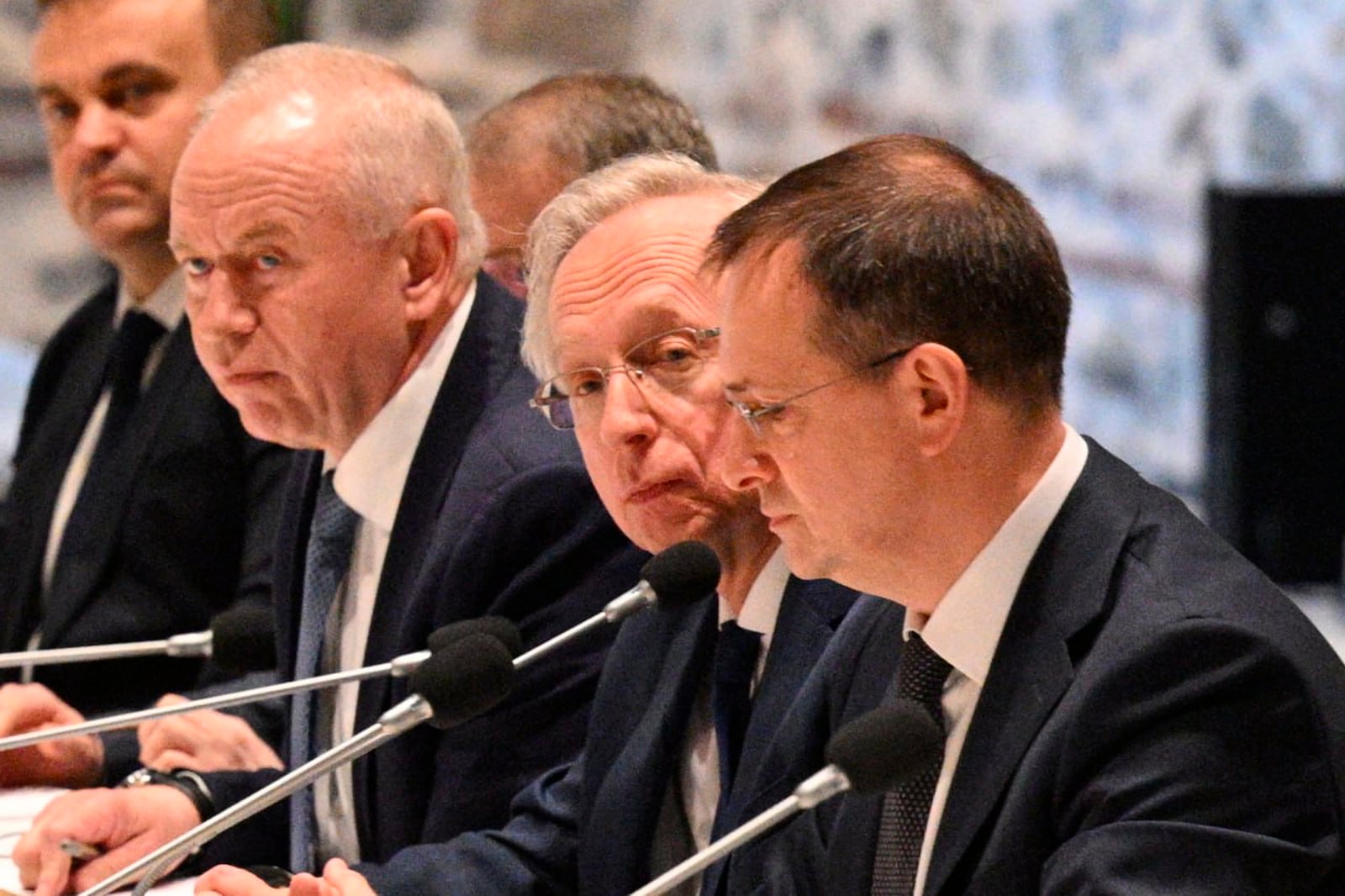Russian presidential aide, Vladimir Medinsky, right, and other members of Russian delegation attend talks with Ukrainian delegation at the Dolmabache palace, in Istanbul, Turkey, Ton Friday, May 16, 2025. (Ramil Sitdikov, Sputnik Pool Photo via AP)