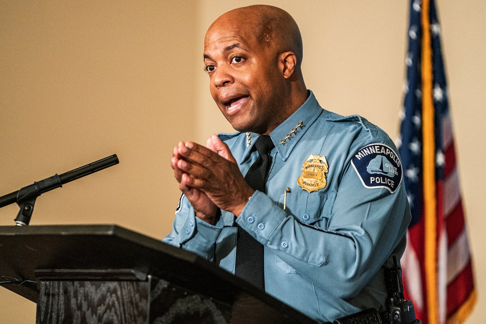 FILE - Medaria Arradondo, chief of the Minneapolis Police Department, speaks during a news conference in Minneapolis on Wednesday, June 10, 2020. (Richard Tsong-Taatarii/Star Tribune via AP)