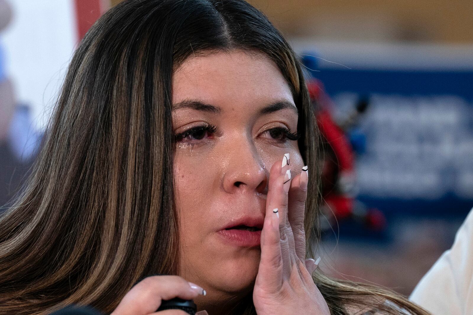 Jennifer Vasquez Sura, the wife of Kilmar Abrego Garcia of Maryland, who was mistakenly deported to El Salvador, speaks during a news conference at CASA's Multicultural Center in Hyattsville, Md., Friday, April 4, 2025. (AP Photo/Jose Luis Magana)