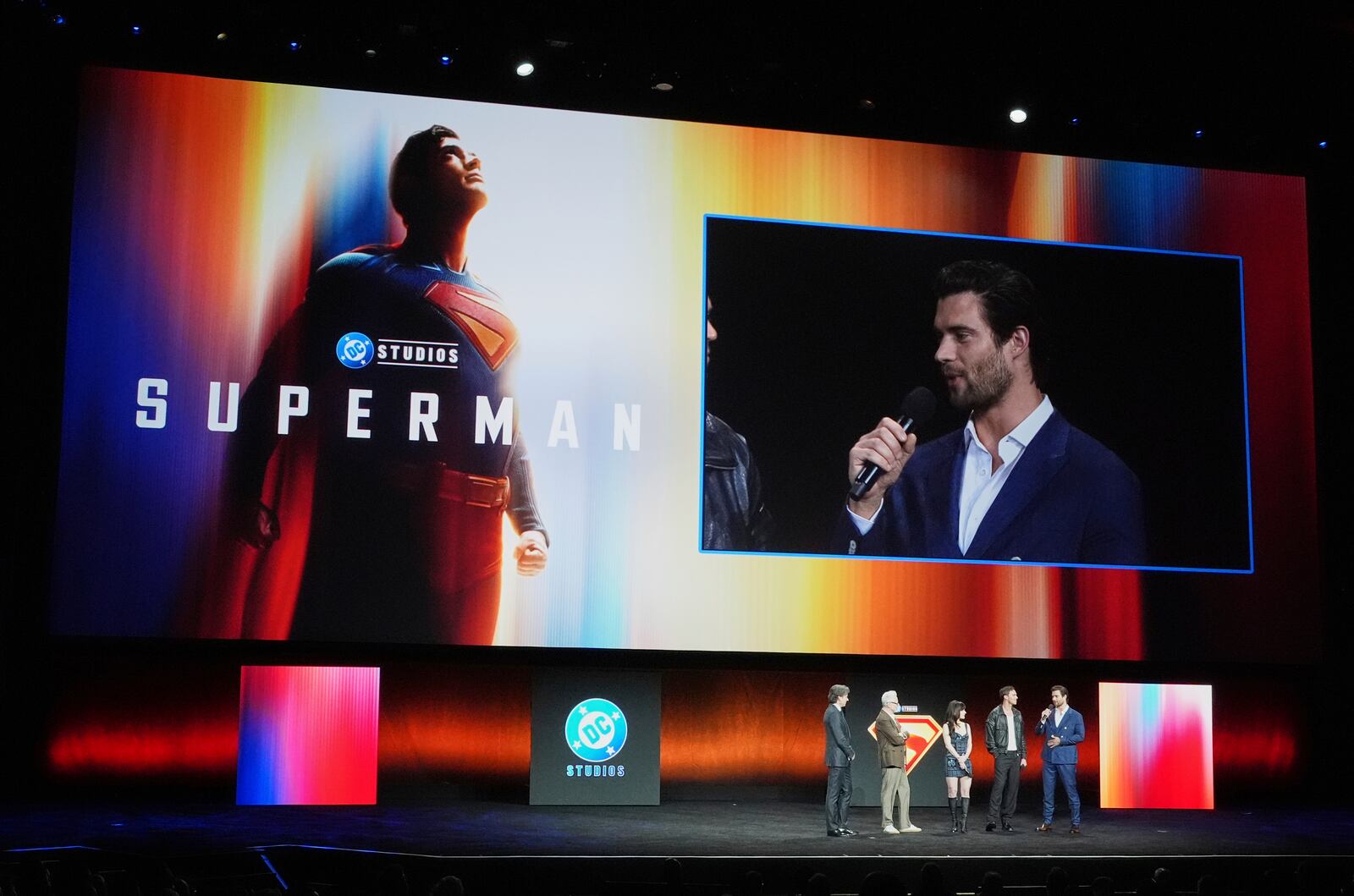 David Corenswet, star of the upcoming film "Superman," is pictured on a video screen discussing the role alongside fellow cast members and filmmakers during the Warner Bros. Pictures presentation at CinemaCon on Tuesday, April 1, 2025, at Caesars Palace in Las Vegas. (AP Photo/Chris Pizzello)