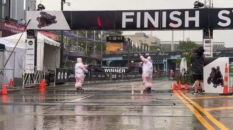 The 25th annual Flying Pig Marathon on May 9, 2023 was accompanied by heavy rain and thunderstorms that rolled through the Tri-State area. VALERIE LYONS/WCPO