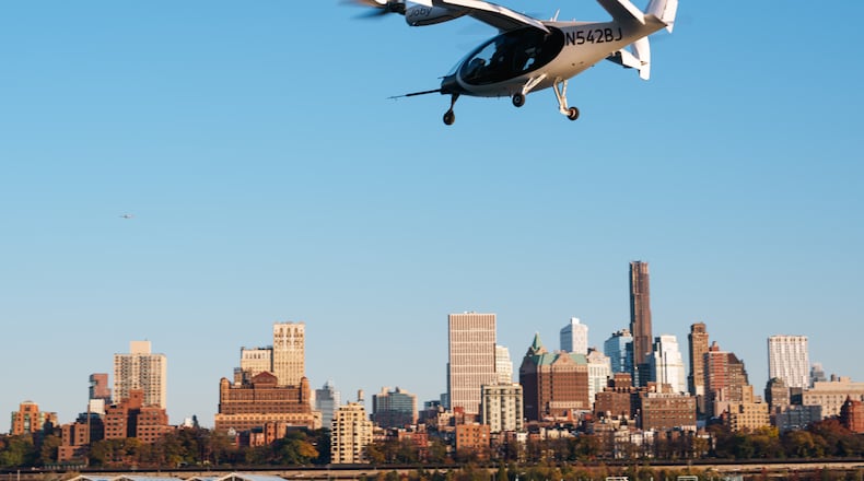 A Joby Aviation photo of its exhibition flight Sunday in New York City.