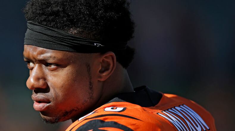 CINCINNATI, OH - NOVEMBER 26: Joe Mixon #28 of the Cincinnati Bengals looks on before a game against the Cleveland Browns at Paul Brown Stadium on November 26, 2017 in Cincinnati, Ohio. (Photo by Joe Robbins/Getty Images)