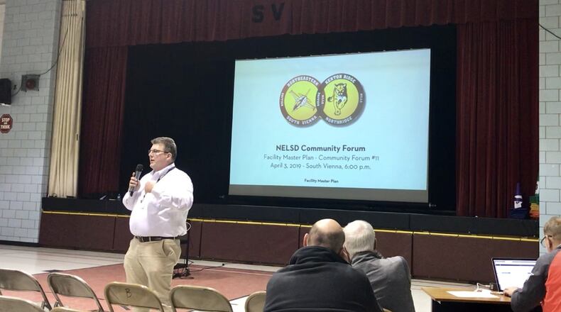 Northeastern Local School District’s Superintendent John Kronour speaks at a community meeting in April about the plans for two new Northeastern schools.