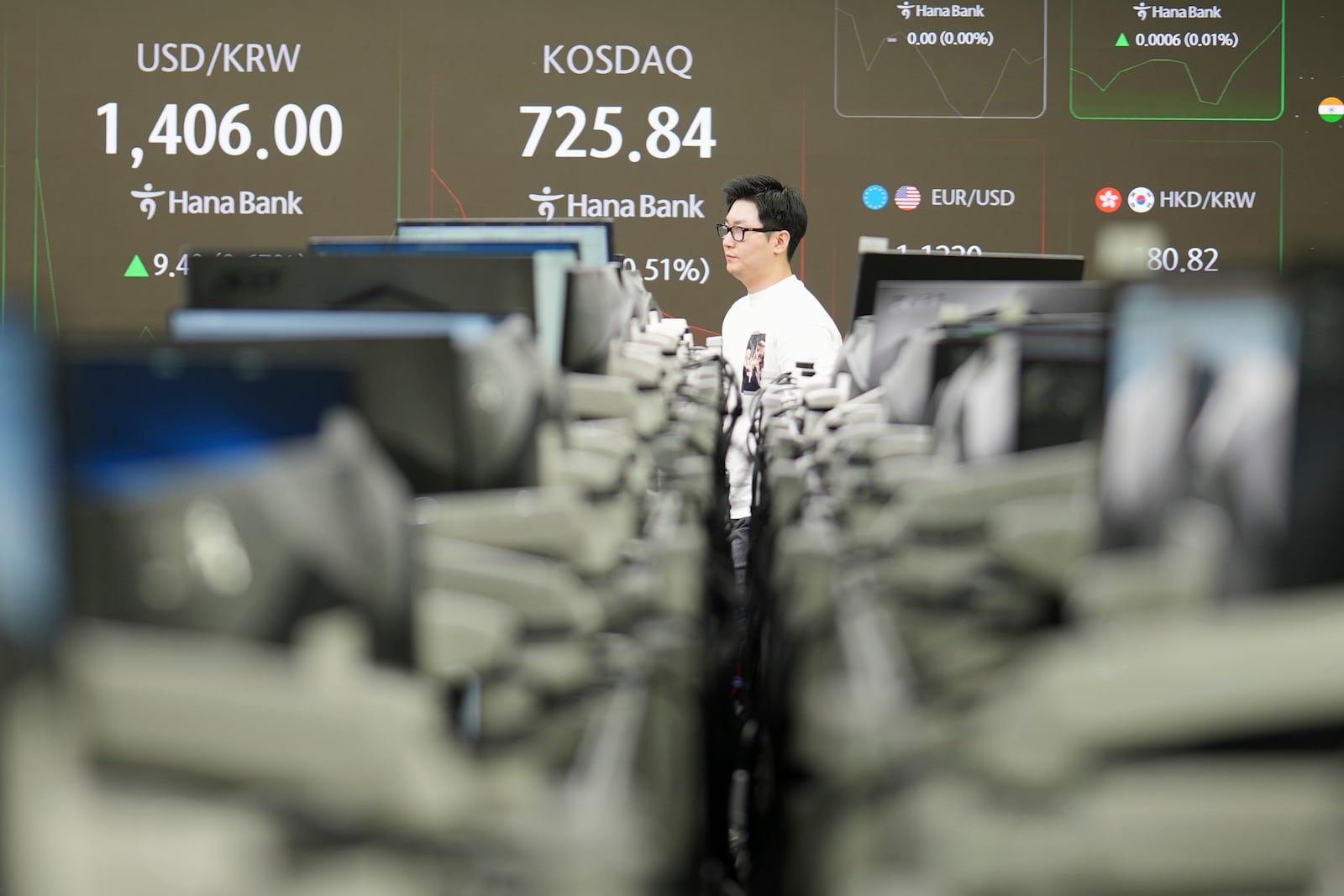 A dealer walks past near the screens showing the foreign exchange rate between U.S. dollar and South Korean won, left, and the Korean Securities Dealers Automated Quotations (KOSDAQ) are seen, at a dealing room of Hana Bank in Seoul, South Korea, Friday, May 9, 2025. (AP Photo/Lee Jin-man)