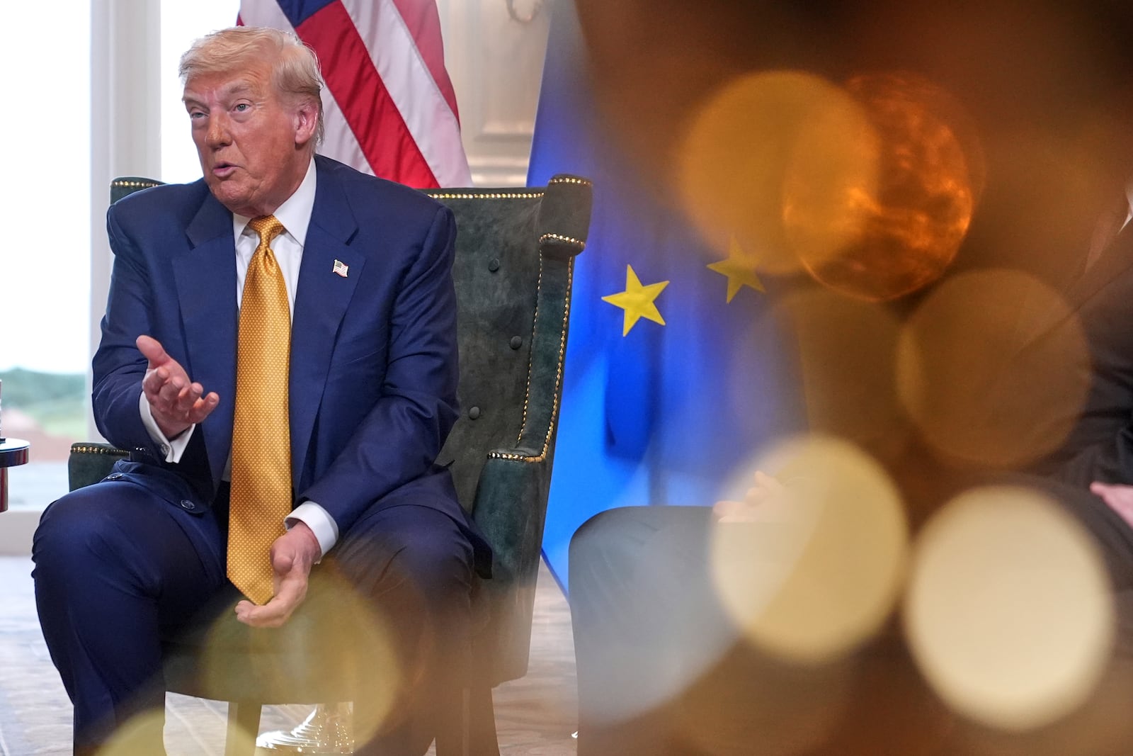 President Donald Trump speaks as he meets European Commission President Ursula von der Leyen at the Trump Turnberry golf course in Turnberry, Scotland Sunday, July 27, 2025. (AP Photo/Jacquelyn Martin)