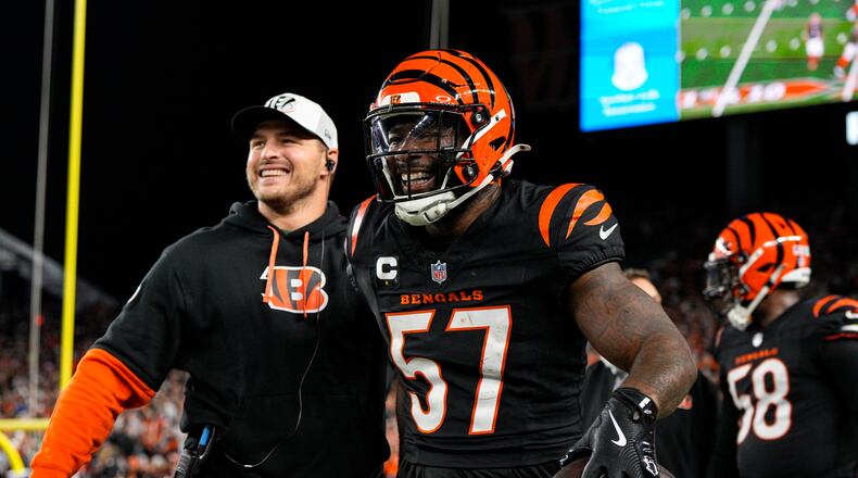 Cincinnati Bengals linebacker Germaine Pratt (57) celebrates after a interception against the Denver Broncos during the second half of an NFL football game in Cincinnati, Saturday, Dec. 28, 2024. (AP Photo/Jeff Dean)
