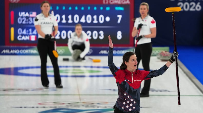 United States' Tara Peterson reacts during the women's curling round robin session against Canada, at the 2026 Winter Olympics, in Cortina d'Ampezzo, Italy, Friday, Feb. 13, 2026. (AP Photo/Misper Apawu)