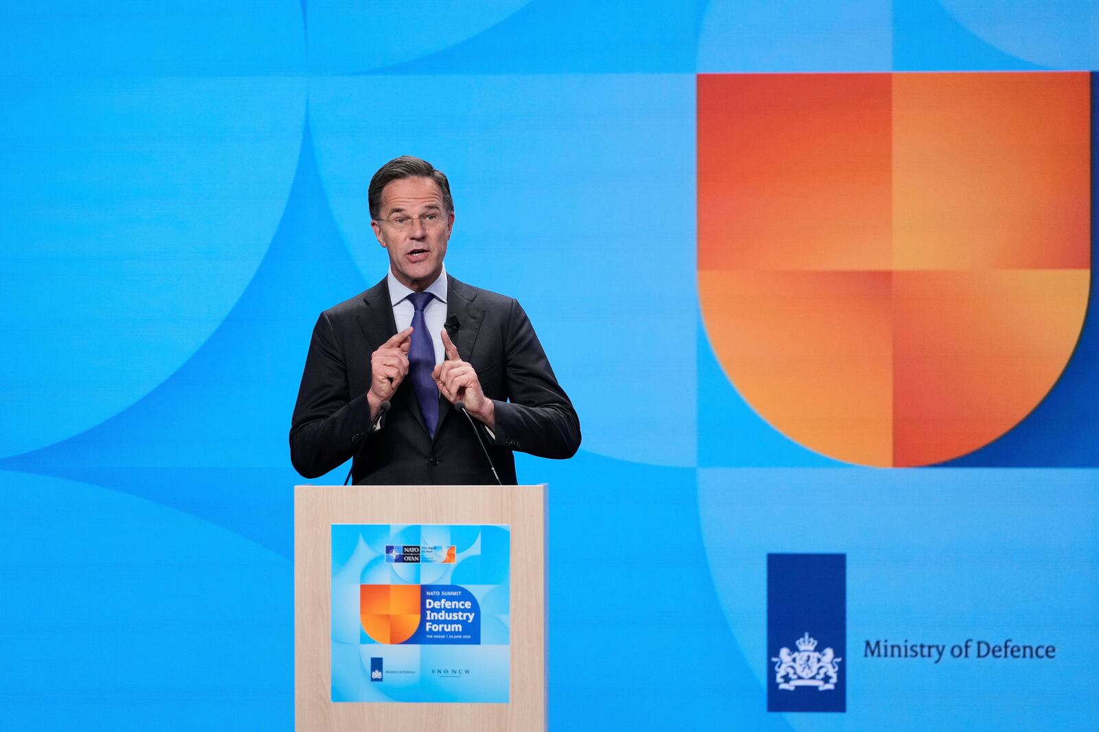 NATO Secretary General Mark Rutte addresses the audience during the NATO defense forum on the sidelines of the NATO summit in The Hague, Netherlands, Tuesday, June 24, 2025. (AP Photo/Matthias Schrader)