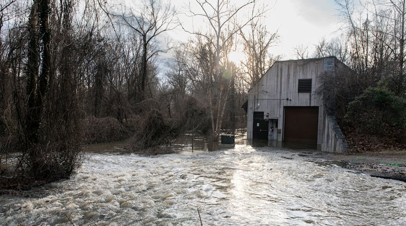 Raw sewage floods a service building after a massive sewage pipe rupture in Glen Echo, Md., Friday, Jan. 23, 2026. (AP Photo/Cliff Owen)