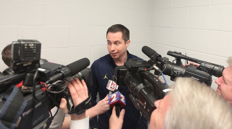 Michigan assistant coach Billy Donlon talks to reporters on Thursday, March 16, 2017, at Bankers Life Fieldhouse in Indianapolis. David Jablonski/Staff