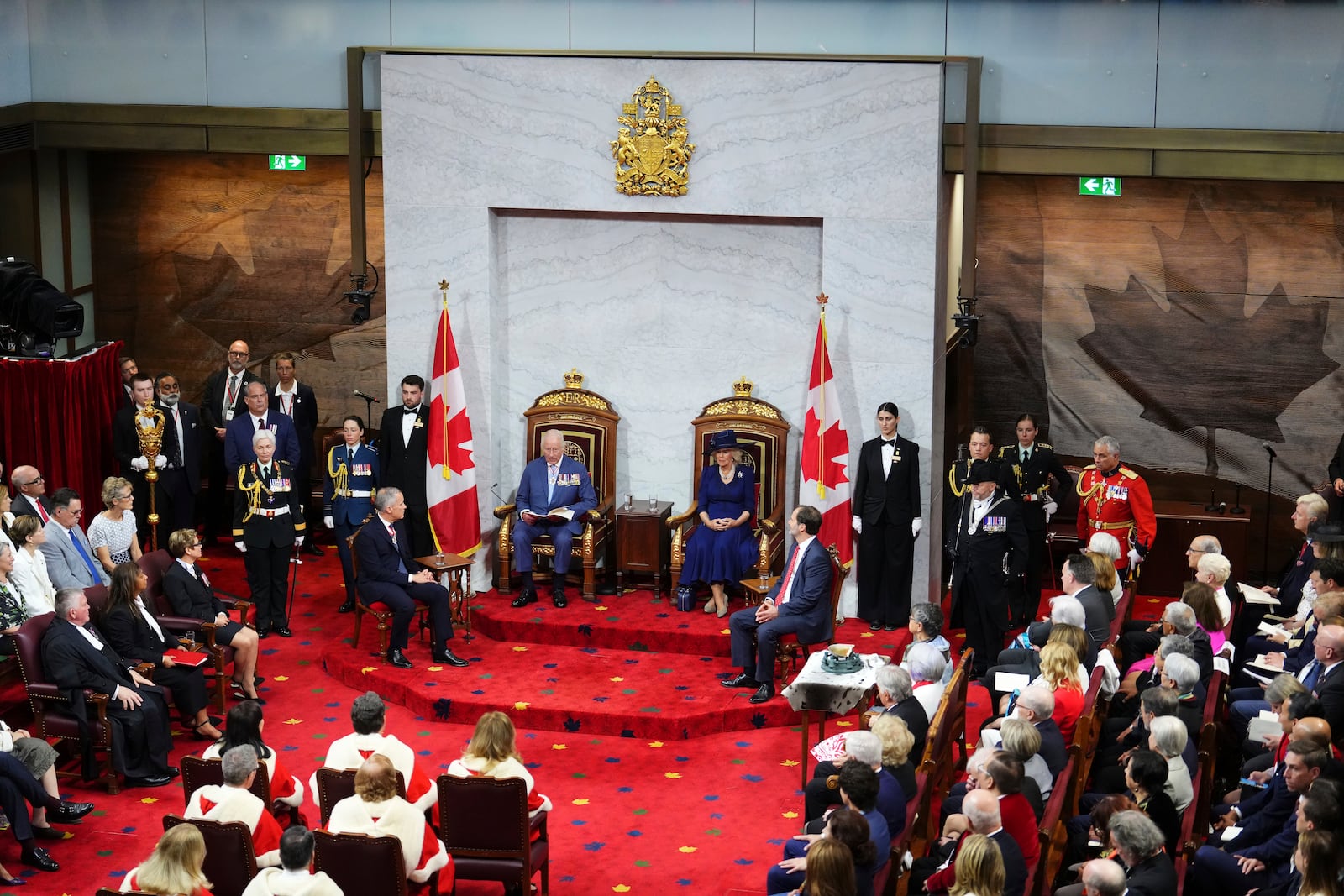 King Charles delivers the speech from the throne in the Senate in Ottawa, Canada, on Tuesday, May 27, 2025. (Sean Kilpatrick/The Canadian Press via AP)