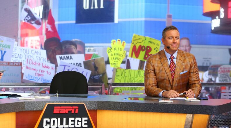 NEW YORK, NY - SEPTEMBER 23: GameDay host Kirk Herbstreit is seen during ESPN's College GameDay show at Times Square on September 23, 2017 in New York City. (Photo by Mike Stobe/Getty Images)
