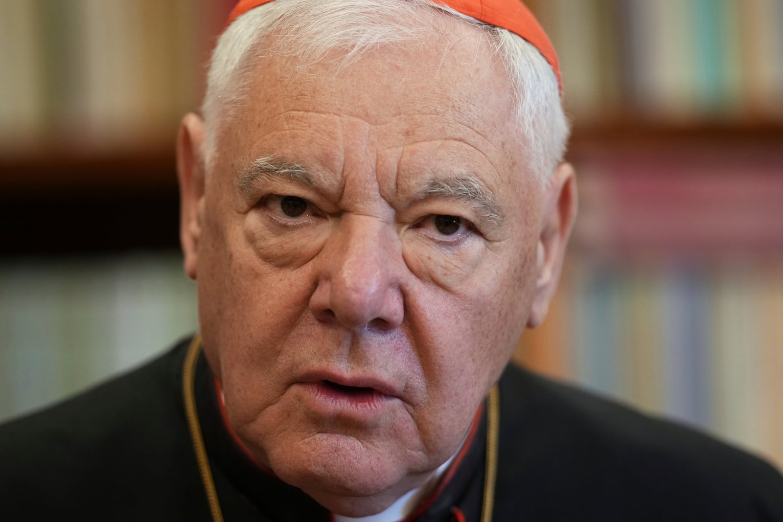Cardinal Gerhard Ludwig Müller answers questions during an interview with The Associated Press at the Vatican on Monday, May 12, 2025. (AP Photo/Andrew Medichini)