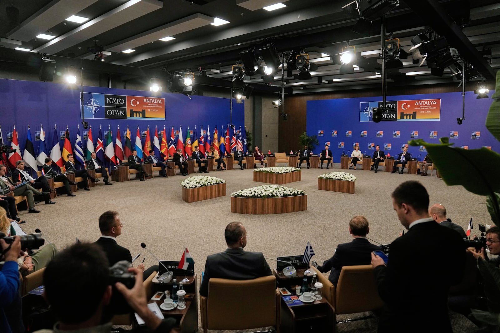 NATO foreign ministers gather during a NATO's informal meeting of foreign ministers in Antalya, southern Turkey, Thursday, May 15, 2025. (AP Photo/Khalil Hamra)
