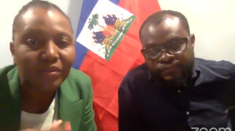 Macollvie Neel, of The Haitian Times, left, and Viles Dorsanvil, director of the Haitian Community Help and Support Center, talks during a Saturday online forum hosted by the Haitian Times. CONTRIBUTED.