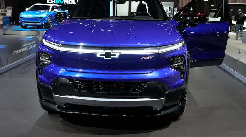 FILE - The 2024 Chevrolet Silverado EV sits on display at the Chicago Auto Show, Thursday, Feb. 9, 2023, in Chicago. (AP Photo/Charles Rex Arbogast, File)